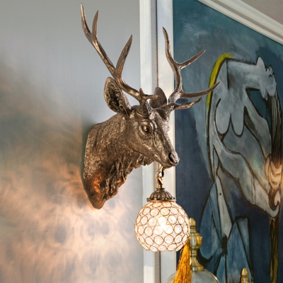 Gold Elk Head Wall Mounted Lamp Country Resin 1 Bulb Living Room Wall Sconce Lighting with Bubble Crystal Shade