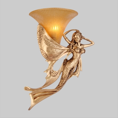 Gold Flared Wall Light Sconce Rustic Amber Glass 1 Light Bedroom Wall Lighting Fixture with Fairy Decor