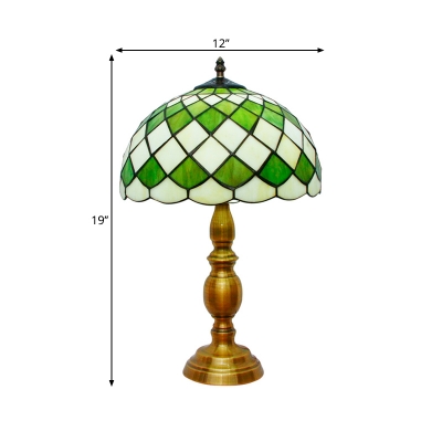 Green Stained Glass Bowl Night Lamp Baroque 1 Bulb Brass Finish Nightstand Light with Geometric Pattern
