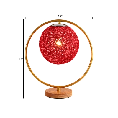 Kids Spherical Night Table Light Rattan 1 Light Bedroom Nightstand Lamp in Beige/Red with Metal Ring Deco