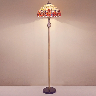 Lattice Bowl Standing Lamp 2-Bulb Shell Mediterranean Floor Flower Patterned Reading Lighting in Red with Pull Chain