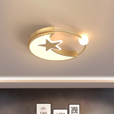 Macaron LED Flush Ceiling Light Gold Moon and Star Flushmount Lighting with Acrylic Shade