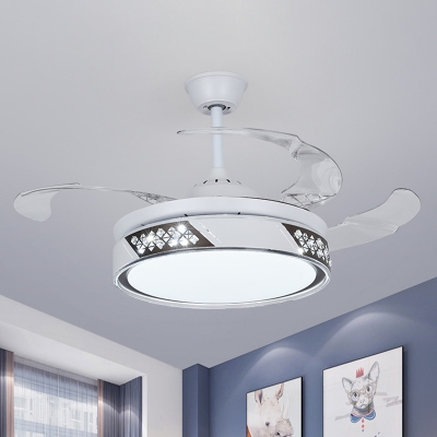 Metal Round 3-Blade Semi Flush Mount Minimalist LED White Ceiling Fan Light with Crystal Deco, 42