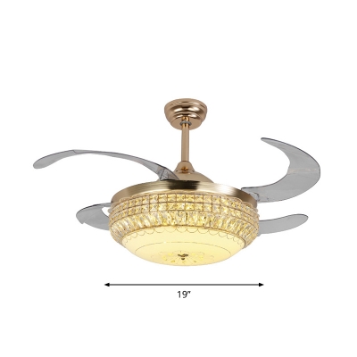 Minimalist Bowl Shaped Fan Lamp Crystal Dining Room LED Semi Mount Lighting in Gold with 4 Blades, 19