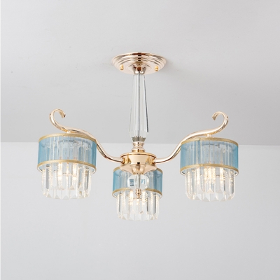 Modern 3 Bulbs Ceiling Chandelier Gold Cylinder Suspension Pendant with Tri-Sided Crystal Rod Shade
