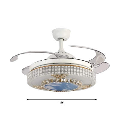 Modernity Circle Hanging Fan Lamp Crystal 4-Blade LED Bedroom Semi Flush Ceiling Fixture in White, 19