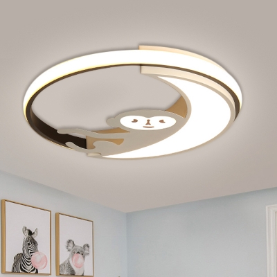 Nordic Moon Flush Mount Lighting Acrylic LED Bedroom Ceiling Light Fixture in Black/White with Monkey Pattern