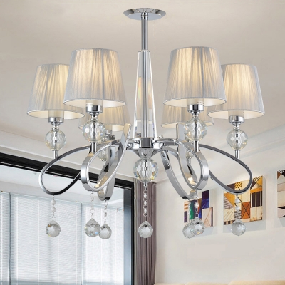 

Pleated Fabric Cone Chandelier Modern 6-Light Chrome Suspended Lighting Fixture with Crystal Drop, HL693375