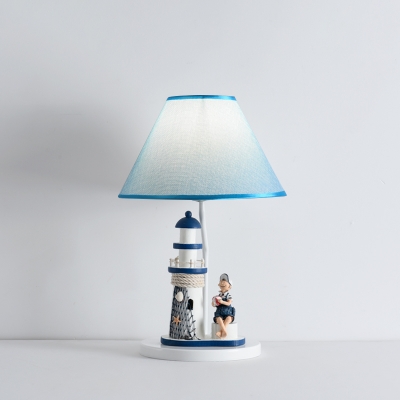 Resin Lighthouse and Boy/Girl Desk Lamp Modernism 1 Head Nightstand Light with Barrel Fabric Shade in Blue