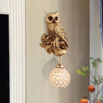 Resin Squirrel/Owl Wall Mounted Lamp Country Style 1 Light Bedroom Crystal Wall Sconce Lighting in Orange/Gold/Gold and Brown