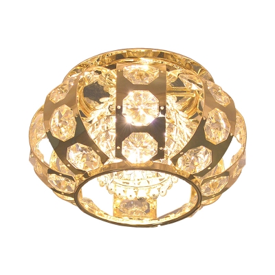 Round Lantern Cut Crystal Flush Mount Simplicity LED Gold Ceiling Lighting in Warm/White Light