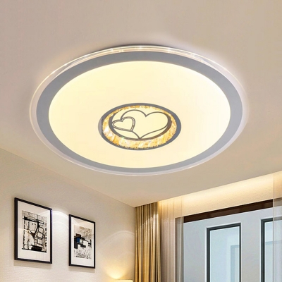 Simple Round Ceiling Lighting Acrylic Great Room LED Flush Mount Light with Loving Heart Pattern in White