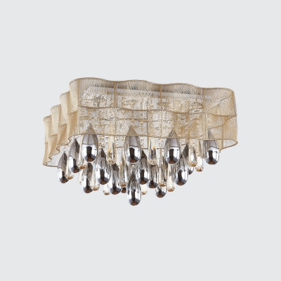 Square Fabric Mesh Flush Light Fixture Modernist 15 Lights Bedroom Flush Mount in Beige with Crystal Accent