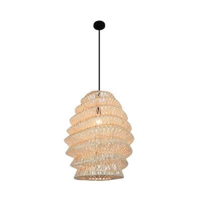 Tiered Cone/Elongated Dome Pendant Light Asian Bamboo 1-Bulb Beige Ceiling Suspension Lamp for Dining Room
