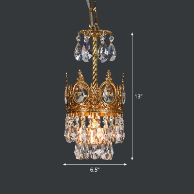 Vintage Crown Shape Pendant Light Fixture 1 Head Faceted Glass Suspension Lamp in Brass