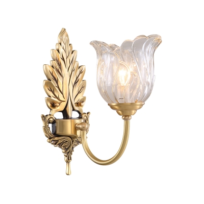 1/2 Lights Clear Ribbed Glass Wall Lamp Countryside Gold Blossom Wall Sconce Light with Curvy Arm