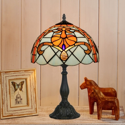 1 Head Bedroom Night Table Light Victorian Brass Nightstand Lamp with Domed Stained Glass Shade