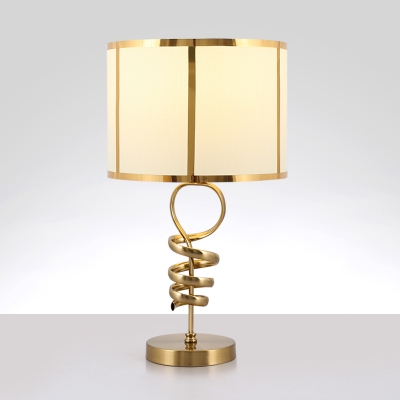 1-Head Night Light Country Bedroom Metal Table Lighting with Cylinder Fabric Shade in Brass