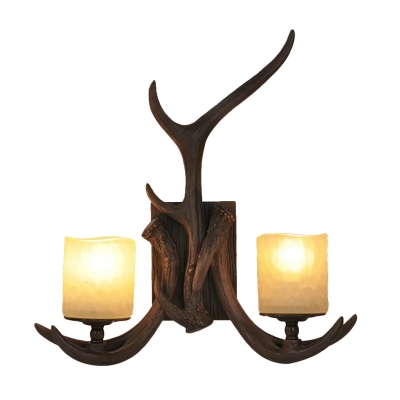 2 Lights Cylinder Wall Lamp Traditional Brown Resin Wall Mount Light Fixture with Antler Backplate