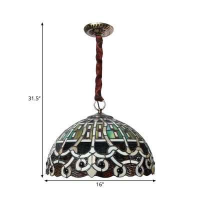 3 Heads Chandelier Lamp Baroque Style Domed Stained Glass Pendant Light Fixture with Scrolled Pattern