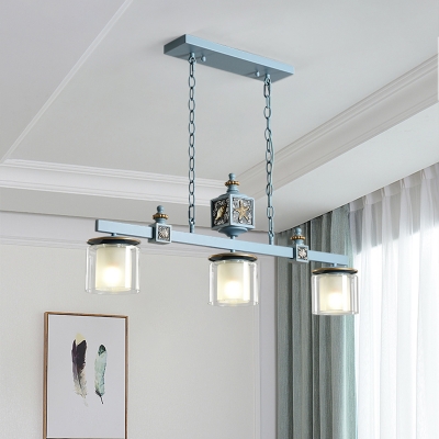 3 Heads Dining Room Island Pendant Nautical Sky/Light Blue Ceiling Lamp with Dual Cylinder Clear and Opal Glass Shade