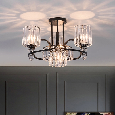 4 Lights Living Room Chandelier Modern Black Pendant Lighting with Cylinder Prismatic Crystal Shade