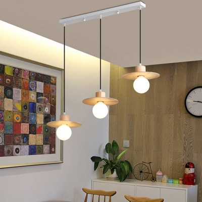 Beige Flying Saucer Multi-Pendant Asian 3 Lights Wooden Hanging Light Kit with Open Bulb Design