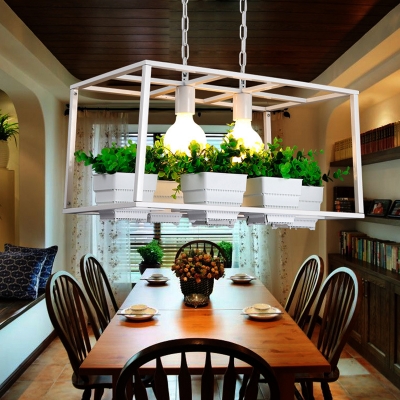 Black/White 2 Heads Island Lamp Antique Metal Rectangle Frame Ceiling Pendant with Potted Plant Deco