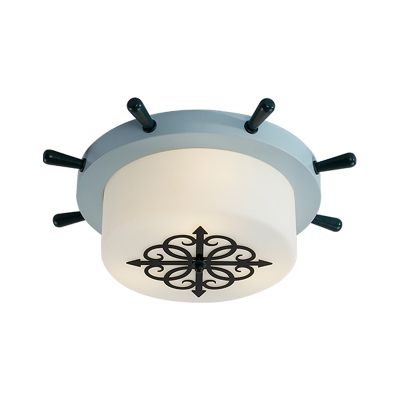 Frosted Glass Drum Ceiling Light Modernism LED Flush Mount Lighting with Rudder Canopy Design in Brown/Blue