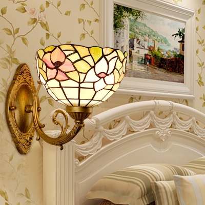 Bowl Shade Sconce Light Fixture 1 Light Cut Glass Mediterranean Floral Patterned Wall Mounted Lamp in Gold