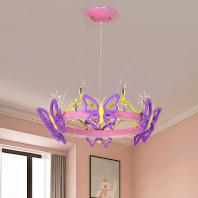 Butterfly/Crown Circle Chandelier Kids Iron 4-Light Pink Hanging Ceiling Light for Girl's Bedroom