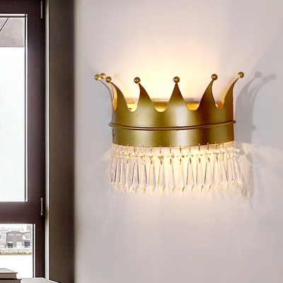 Cartoon Crown Flush Wall Sconce Metal 2 Bulbs Bedroom Wall Lighting in Gold with Crystal Droplet