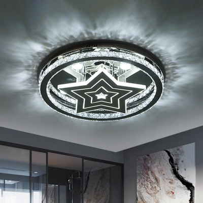 Circular Bedroom Ceiling Light Beveled Crystal Modern LED Semi Flush Mount Fixture in Chrome with Star Design