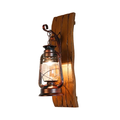 Clear Glass Brown Wall Lighting Ideas Lantern 1 Head Warehouse Wall Light Sconce with Wood Backplate