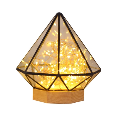 Clear Glass Diamond Nightstand Lamp Kids Wood LED Table Fairy String Light with Inner Prince Statue