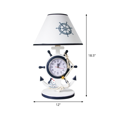 Conic Nightstand Lamp Nautical Fabric 1-Light Bedroom Desk Lighting with Rudder Clock Base in Blue