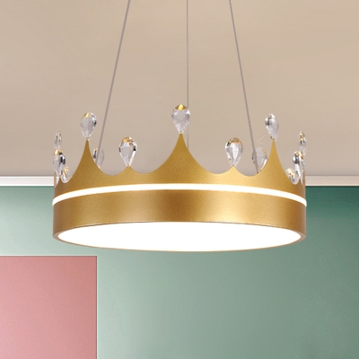 Crown Chandelier Lighting Fixture Modern Metal Pink/Blue/Gold LED Hanging Pendant Light with Crystal Accent for Bedroom