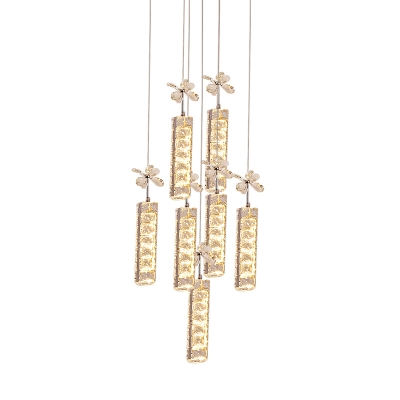 Crystal Rectangle Cluster Pendant Modernist LED Hanging Light Kit with Round/Linear Canopy in Chrome