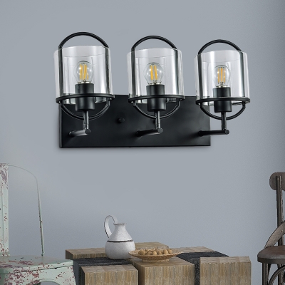 Cylinder Dining Room Sconce Light Warehouse Clear Glass 3 Lights Black Wall Lamp with Metal Backplate