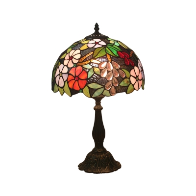 Flower and Grape Stained Glass Table Lamp Mediterranean 1 Head Brass Finish Night Lighting with Dome Shade