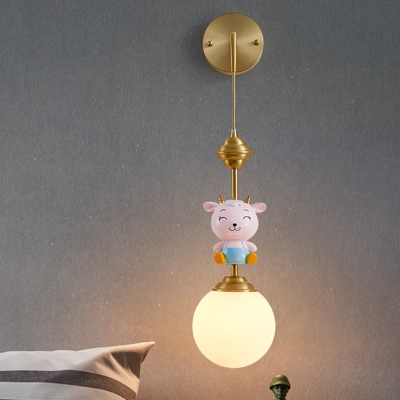Gold Sheep/Monkey/Rabbit Sconce Contemporary 1 Head Resin Wall Lighting Fixture with Globe Opal Glass Shade