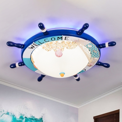 Domed Bedroom Flushmount Lighting Frosted Glass LED Cartoon Ceiling Lamp with Rudder Design in Dark/Light Blue