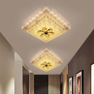 LED Corridor Ceiling Fixture Modernism White Flush Lamp with Square Faceted Crystal Shade in Warm/White Light