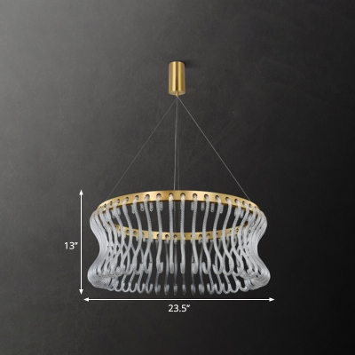 LED Living Room Suspension Light Simplicity Gold Chandelier with Curved Drum Crystal Shade