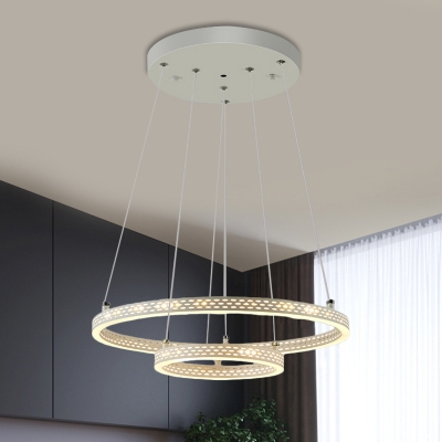 Metal 2-Tier Ring Chandelier Lighting Fixture Contemporary LED Hanging Ceiling Light in White