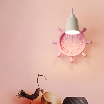 Metal Conic Wall Light Fixture Macaron 1 Head Wall Mount Lamp with Rudder Clock Design in Pink/Blue