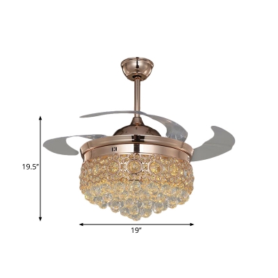 Minimal Teardrop LED Ceiling Fan Lamp Faceted Crystal Living Room Semi Flush Mount Lighting in Rose Gold with 4 Blades, 19