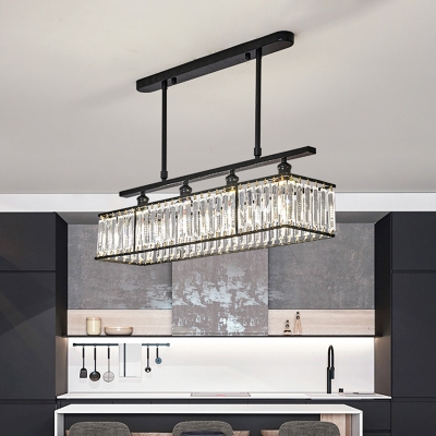 Minimalist Rectangle Island Lighting Clear Crystal 4 Heads Dining Room Pendant Lamp in Champagne/Black