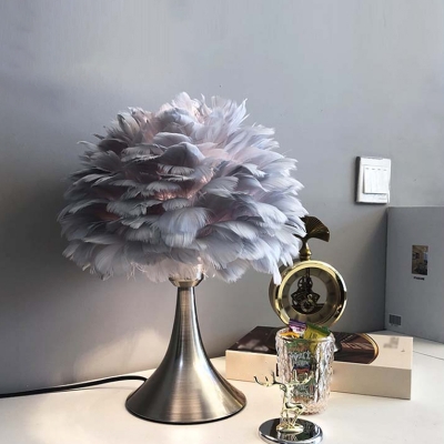 Modernism 1 Light Task Lighting White/Grey Dome Night Table Lamp with Feather Shade for Bedroom