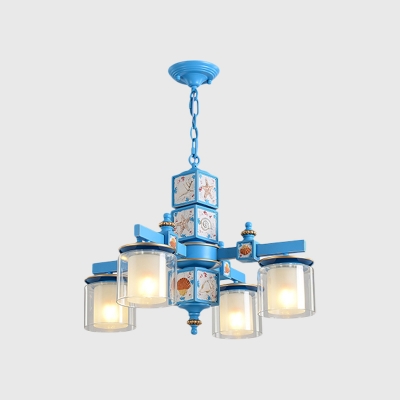 Nautical 4-Head Ceiling Chandelier Sky/Light Blue Dual Cylindrical Drop Pendant with Clear and Opaque Glass Shade